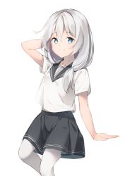 Rule 34 | 1girl, blue eyes, blue skirt, closed mouth, hair between eyes, highres, honkai (series), honkai impact 3rd, invisible chair, looking at viewer, school uniform, short sleeves, side ponytail, simple background, sitting, skirt, skysuy (2267420264), smile, solo, theresa apocalypse, thighhighs, white background, white hair, white thighhighs