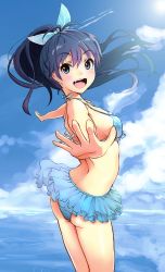 Rule 34 | 1girl, absurdres, ass, bikini, cloud, ganaha hibiki, highres, idolmaster, idolmaster (classic), looking at viewer, ocean, open mouth, ponytail, sky, solo, swimsuit, water