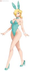 Rule 34 | 1girl, absurdres, alternate costume, animal ears, bare legs, bare shoulders, blonde hair, blue eyes, blue leotard, bow, bowtie, breasts, commentary, covered navel, crown, detached collar, earrings, english commentary, fake animal ears, fake tail, full body, hair over one eye, high heels, highleg, highleg leotard, highres, jewelry, large breasts, leotard, long hair, looking at viewer, mario (series), nintendo, playboy bunny, rabbit ears, rabbit tail, rosalina, simple background, solo, standing, star (symbol), star earrings, strapless, strapless leotard, super mario galaxy, super smash bros., tail, white background, wrist cuffs, zelc-face