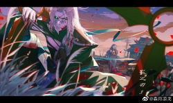 Rule 34 | 1boy, 1girl, backlighting, blood, blood on clothes, blood on face, blue hair, broken mask, building, character request, cloud, falling petals, grass, highres, leaning on object, letterboxed, long hair, mask, petals, phantom blade (game), sen yue liang ge, smile, tang bing (phantom blade), weapon, white hair