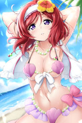 Rule 34 | 1girl, arms behind head, arms up, beach, bead necklace, beads, bikini, blush, bow, bow bikini, breasts, cleavage, commentary, cropped jacket, day, flower, hair flower, hair ornament, hairband, highres, jacket, jewelry, kirisaki reina, looking at viewer, love live!, love live! school idol project, medium breasts, medium hair, navel, necklace, nishikino maki, ocean, open clothes, open jacket, outdoors, parted lips, pink bikini, purple eyes, red hair, shell, shell bikini, sleeveless, sleeveless jacket, solo, swimsuit, tareme, teeth, white jacket