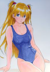Rule 34 | 1girl, artist request, blue eyes, blue one-piece swimsuit, blush, breasts, brown hair, crossed legs, curvy, hair between eyes, highres, long hair, looking at viewer, medium breasts, navel, neon genesis evangelion, one-piece swimsuit, open mouth, shiny clothes, shiny skin, sitting, solo, souryuu asuka langley, swimsuit, thighs, traditional media, two side up, very long hair, white background, wide hips