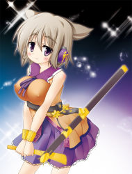 Rule 34 | 1girl, belt, blush, bracelet, breasts, brown eyes, brown hair, earmuffs, covered erect nipples, female focus, frown, grey hair, headphones, highres, jewelry, large breasts, purple eyes, ritual baton, scabbard, sheath, sheathed, short hair, skirt, solo, sparkle, sword, touhou, toyosatomimi no miko, uhyo (uhyoahya), v arms, weapon
