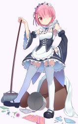 Rule 34 | 1girl, apron, black footwear, blush, breasts, broken plate, broom, bucket, closed mouth, commentary, detached sleeves, female focus, flower, frilled sleeves, frills, from below, frown, full body, garter straps, hair ornament, hair over one eye, hair ribbon, hand on own hip, highres, holding, holding broom, juliet sleeves, long sleeves, looking at viewer, maid, maid headdress, mary janes, matching hair/eyes, mop, pink eyes, pink flower, pink hair, plate, puffy sleeves, ram (re:zero), re:zero kara hajimeru isekai seikatsu, red eyes, ribbon, ribbon-trimmed legwear, ribbon-trimmed sleeves, ribbon trim, shoes, short hair, shuuichi (gothics), simple background, small breasts, solo, standing, table, thighhighs, waist apron, white apron, white background, white thighhighs, wide sleeves, x hair ornament