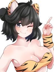 Rule 34 | 1girl, animal ears, animal print, aoiphillip, black eyes, black hair, blush, borrowed character, breasts, cleavage, hand up, highres, index finger raised, looking at viewer, lucia (scott malin), medium hair, one eye closed, original, simple background, smile, solo, strapless, tiger ears, tiger print, tube top, white background