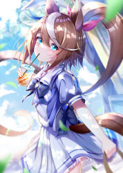 Rule 34 | 1girl, absurdres, animal ears, back bow, blouse, blue bow, blue eyes, blue shirt, blush, bow, brown hair, commentary request, cup, day, drinking, drinking straw, drinking straw in mouth, frilled skirt, frills, from behind, hair between eyes, hair ribbon, highres, holding, holding cup, horse ears, horse girl, horse tail, long hair, looking at viewer, looking back, multicolored hair, outdoors, pink ribbon, pinky out, pleated skirt, ponytail, puffy short sleeves, puffy sleeves, purple shirt, ribbon, shirt, short sleeves, signature, skirt, sky, solo, streaked hair, tail, takemura kou, tokai teio (umamusume), umamusume, very long hair, white hair, white skirt