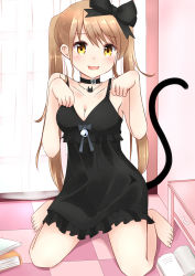 Rule 34 | 1girl, absurdres, barefoot, black bow, black dress, bow, breasts, brown hair, cat tail, checkered floor, cleavage, collar, collarbone, dress, eyebrows, hair bow, highres, jewelry, kneeling, long hair, looking at viewer, medium breasts, necklace, nikitan (niki), open mouth, original, paw pose, solo, tail, twintails, yellow eyes