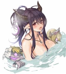 Rule 34 | 1girl, bad id, bad twitter id, black hair, breasts, danua, doll, draph, granblue fantasy, gretel (granblue fantasy), hansel (granblue fantasy), horns, jewelry, kanengomi, large breasts, open mouth, partially submerged, pendant, pointy ears, ponytail, red eyes, solo, water