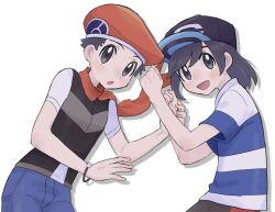 Rule 34 | 2boys, :d, :o, beret, black hair, blue shirt, blush, bracelet, commentary request, creatures (company), elio (pokemon), game freak, grey eyes, hands up, hat, holding hands, jewelry, lucas (pokemon), male focus, multiple boys, nintendo, open mouth, pants, poke ball print, pokemon, pokemon dppt, pokemon sm, sana (37pisana), scarf, shirt, short hair, short sleeves, smile, striped clothes, striped shirt, t-shirt
