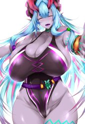 Rule 34 | 1girl, absurdres, bare shoulders, belt, black one-piece swimsuit, blue hair, blush, body markings, breasts, cleavage, closed eyes, collarbone, colored skin, covered navel, dark-skinned female, dark skin, earrings, eyeliner, fate/grand order, fate (series), gradient hair, grey skin, groin, hair between eyes, hat, highleg, highleg swimsuit, highres, horns, huge breasts, ibuki douji (fate), ibuki douji (swimsuit berserker) (fate), jewelry, long hair, magatama, makeup, multicolored hair, one-piece swimsuit, oni, oni horns, open mouth, partially visible vulva, pink hair, pink hat, pink one-piece swimsuit, pointy ears, ponytail, sideboob, sidelocks, smile, solo, swimsuit, thick thighs, thighs, tsukasawa takamatsu, two-tone hair, two-tone swimsuit, visor cap