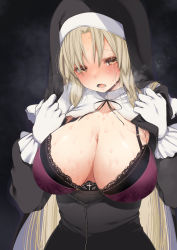 Rule 34 | 1girl, absurdres, black dress, blonde hair, blush, bra, breasts, dress, elbow gloves, embarrassed, flashing, fujisaki hikari, gloves, habit, heavy breathing, highres, huge breasts, lace, lace-trimmed bra, lace trim, large breasts, long hair, nijisanji, nun, off shoulder, open mouth, partially unzipped, purple bra, sister claire, sister claire (1st costume), solo, sweat, underwear, upper body, very long hair, very sweaty, virtual youtuber, white gloves, yellow eyes