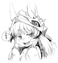 Rule 34 | 1girl, :3, :d, animal ears, ears through headwear, female focus, furry, furry female, greyscale, hat, highres, horns, long hair, made in abyss, monochrome, nanachi (made in abyss), open mouth, simple background, smile, smug, solo, speech bubble, topless, topless frame, tuxedo de cat, upper body, whiskers, white background