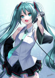 Rule 34 | 1girl, :d, aqua eyes, aqua hair, artist name, bare shoulders, black skirt, black sleeves, blue background, blush, breasts, commentary, cowboy shot, detached sleeves, fang, gradient background, green hair, hair ornament, hand on own hip, hand up, hatsune miku, holding, holding microphone, long hair, long sleeves, looking at viewer, making-of available, microphone, miniskirt, necktie, open mouth, pleated skirt, revision, shirt, skin fang, skirt, sleeveless, sleeveless shirt, small breasts, smile, solo, tasuku (user fkzv3343), thighhighs, twintails, very long hair, vocaloid, watermark