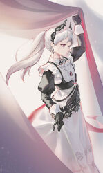 Rule 34 | 1girl, absurdres, alternate costume, animal ears, arknights, beancake, black gloves, black sleeves, commentary, curtain grab, curtains, dress, english commentary, enmaided, gloves, grey eyes, head wings, highres, irene (arknights), irene (voyage of feathers) (arknights), jewelry, juliet sleeves, long sleeves, looking to the side, maid, maid headdress, necklace, official alternate costume, ponytail, puffy sleeves, scar, scar across eye, simple background, solo, white background, white dress, white hair, wings