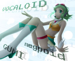 Rule 34 | 1girl, bad id, bad pixiv id, belt, boots, female focus, goggles, green eyes, green hair, gumi, headphones, headset, jewelry, matching hair/eyes, microphone, midriff, necklace, ribbon, short hair, siraha, skirt, smile, solo, vocaloid, wing collar, wrist cuffs