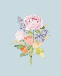 Rule 34 | bouquet, commentary, english commentary, flower, highres, leaf, libbyframe, blue background, no humans, orange flower, original, pink flower, purple flower, simple background