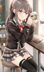 Rule 34 | 1girl, arm support, black hair, black jacket, black thighhighs, blush, cardigan, closed mouth, commentary request, cup, grey cardigan, grey eyes, high ponytail, highres, holding, holding cup, indoors, jacket, ka1se1, long hair, long sleeves, looking at viewer, miniskirt, neck ribbon, pink scrunchie, plaid, plaid skirt, red ribbon, ribbon, school uniform, scrunchie, shirt, sitting, skirt, sobu high school uniform, solo, thighhighs, white shirt, yahari ore no seishun lovecome wa machigatteiru., yukinoshita yukino