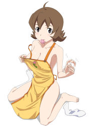 Rule 34 | 10s, 1girl, apron, barefoot, black eyes, blush, breasts, brown eyes, brown hair, cleavage, condom, condom in mouth, danball senki, feet, full body, housewife, kneeling, large breasts, looking at viewer, mature female, mouth hold, naked apron, no shoes, short hair, simple background, single sock, sitting, smile, socks, solo, strap slip, wariza, white background, white socks, yamano marie, yoshida keiji