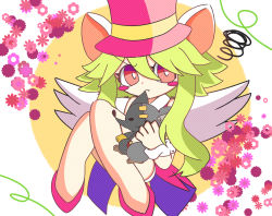 Rule 34 | 1girl, animal ears, blush stickers, breasts, green hair, hat, highres, leotard, mad rat dead, mouse (animal), mouse ears, mouse girl, nippon ichi, rat god, red eyes, stuffed toy, top hat, wings, wrist cuffs