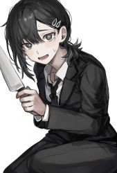 Rule 34 | 1girl, black eyes, black hair, black jacket, black necktie, black pants, black suit, chainsaw man, collared shirt, feet out of frame, formal, hair ornament, hairclip, higashiyama kobeni, highres, holding, holding knife, jacket, knife, looking at viewer, mole, mole under eye, mole under mouth, muuyiie, necktie, open mouth, pants, scared, shirt, short hair, short ponytail, simple background, solo, suit, sweat, swept bangs, tears, white background, white shirt
