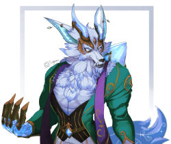 Rule 34 | 1boy, absurdres, animal ears, body fur, claws, fangs, furry, furry male, gem, green jacket, grey fur, highres, hiuki73, horns, jacket, league of legends, long hair, male focus, open clothes, open jacket, pants, prestige winterblessed warwick, sharp teeth, simple background, solo, tail, teeth, warwick, white background, white eyes, white pants, wolf boy, wolf ears, wolf tail