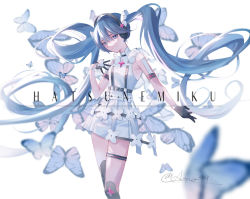 Rule 34 | 1girl, aono 99, black gloves, blue eyes, blue hair, bug, butterfly, character name, dress, gloves, hatsune miku, headphones, highres, bug, long hair, looking at viewer, looking to the side, signature, solo, thigh strap, twintails, vocaloid, white dress