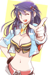 Rule 34 | 1girl, black hair, blue eyes, blue jacket, breasts, ckj (harinezu), cleavage, commentary request, cropped jacket, god eater, god eater 2: rage burst, hand on own hip, jacket, long hair, looking at viewer, medium breasts, midriff, navel, one eye closed, open mouth, player (god eater burst), pointing, pointing at viewer, smile, solo, two-tone background, upper body, white background, yellow background