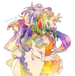 Rule 34 | 1boy, 1girl, 8&#039;108, back-to-back, blue eyes, candy, folded fan, commentary, cowboy shot, dated, fan to mouth, folding fan, food, frilled skirt, frills, from above, goggles, goggles on head, green eyes, green hair, green nails, grin, gumi, hand fan, holding, holding fan, japanese clothes, kamui gakupo, layered skirt, lollipop, long hair, looking at viewer, looking up, medium hair, nail polish, orange shirt, orange skirt, ponytail, purple hair, purple nails, red goggles, shirt, signature, skirt, smile, standing, very long hair, vocaloid, white background, wide sleeves