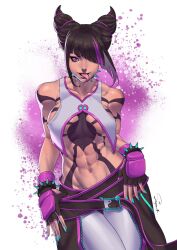 Rule 34 | 1girl, abs, breasts, capcom, collar, drill hair, female focus, fingerless gloves, gloves, hair over one eye, han juri, highres, looking at viewer, medium breasts, medium hair, nail polish, navel, pink eyes, solo, spiked collar, spikes, street fighter, street fighter 6, superbull, tongue, tongue out, twin drills