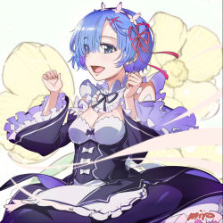 Rule 34 | 1girl, :d, apron, artist name, black dress, black sleeves, blue eyes, blue hair, breasts, cleavage, commentary request, curled fingers, dress, eyes visible through hair, flower, forehead, frilled sleeves, frills, hair ornament, hair over one eye, hair ribbon, hands up, highres, long sleeves, maid, maid apron, maid headdress, medium breasts, miyo (13th floor), multicolored hair, open mouth, parted bangs, purple hair, re:zero kara hajimeru isekai seikatsu, red ribbon, rem (re:zero), ribbon, smile, solo, streaked hair, two-tone hair, wide sleeves, x hair ornament