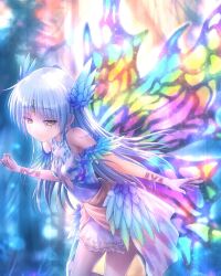 Rule 34 | 1girl, angel beats!, butterfly wings, closed mouth, commentary request, dress, fantasy, forehead jewel, goto p, grey hair, insect wings, long hair, smile, solo, standing, standing on one leg, tachibana kanade, wings, yellow eyes