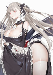 Rule 34 | 1girl, azur lane, bare shoulders, between breasts, black dress, blush, breasts, cleavage, clothes lift, dress, dress lift, earrings, flight deck, formidable (azur lane), frilled dress, frills, grey hair, hair ribbon, highres, horz, jewelry, large breasts, long hair, long sleeves, looking at viewer, parted lips, red eyes, ribbon, rigging, solo, thighhighs, twintails, two-tone dress, two-tone ribbon, very long hair, white thighhighs