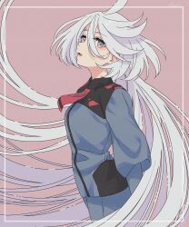 Rule 34 | 1girl, absurdly long hair, absurdres, ahoge, arms behind back, asticassia school uniform, commentary, eyelashes, green jacket, green shorts, grey eyes, grey hair, gundam, gundam suisei no majo, hair between eyes, hari611, highres, jacket, long hair, long sleeves, looking at viewer, miorine rembran, parted lips, pink background, school uniform, shorts, sideways mouth, solo, very long hair