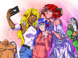 Rule 34 | 2boys, 3girls, animal, animal ear fluff, animal on head, arm cannon, armor, armpits, bald, bare shoulders, baron of hell, belt, bfg 9000, black belt, blonde hair, blue hair, blue pants, blush, breasts, cacodemon, cellphone, colored skin, cowboy shot, cyclops, daisy (doom), dark-skinned female, dark skin, demon girl, demon horns, denim, detached sleeves, doom (series), doom 2, doom ii, doomguy, dress, fangs, fat, fat man, glasses, green eyes, green pants, group picture, halter dress, halterneck, hand in pocket, height difference, helmet, highres, hood, hood down, hoodie, horns, huge weapon, imp (doom), jeans, leaning forward, long hair, looking at another, looking over eyewear, mancubus, multiple boys, multiple girls, muscular, muscular male, navel, on head, one-eyed, one eye closed, opaque helmet, open mouth, pants, personification, phone, photobomb, pink skin, pointy ears, power armor, rabbit, red eyes, red hair, rimless eyewear, scales, selfie, short dress, short hair, slit pupils, small breasts, smartphone, smile, sparkle, sparkle background, spikes, standing, substance20, translated, v, weapon, wink