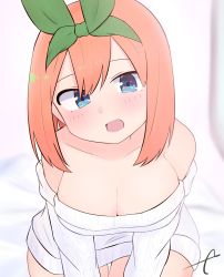 Rule 34 | 1girl, :d, aran sweater, bare shoulders, bed, blue eyes, blurry, blurry background, blush, breasts, cable knit, cleavage, collarbone, commentary, depth of field, eyebrows hidden by hair, go-toubun no hanayome, green ribbon, hair between eyes, hair ribbon, highres, indoors, kujou karasuma, long sleeves, looking at viewer, medium breasts, nakano yotsuba, off-shoulder sweater, off shoulder, open mouth, orange hair, ribbon, signature, smile, solo, sweater, symbol-only commentary, thigh gap, white sweater