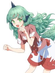 Rule 34 | 1girl, akizuki haruhi, animal ears, commentary request, curly hair, fang, green eyes, green hair, horns, komano aunn, leaning forward, looking at viewer, open mouth, paw pose, red shirt, shirt, shorts, simple background, single horn, smile, solo, tail, touhou, white background, white shorts