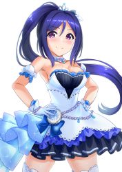 Rule 34 | 1girl, alternate costume, armpits, bead bracelet, beads, blue bow, blue hair, bow, bracelet, breasts, choker, cleavage, clock, cosplay, crown, detached sleeves, dress, frill trim, frilled skirt, frills, gloves, half gloves, hand on own hip, high ponytail, highres, idolmaster, idolmaster cinderella girls, jewelry, kibihimi, large breasts, long hair, looking at viewer, love live!, love live! sunshine!!, matsuura kanan, ponytail, purple eyes, simple background, skirt, solo, starry sky bright, thighhighs, white background