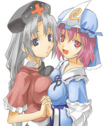 Rule 34 | &gt;:(, &gt;:d, 2girls, :d, artist request, blue eyes, braid, breast press, breasts, cheek-to-cheek, cleavage, female focus, frown, hat, heads together, impossible clothes, impossible shirt, japanese clothes, kimono, large breasts, long hair, looking at viewer, multiple girls, non-web source, open mouth, parted bangs, pink eyes, pink hair, saigyouji yuyuko, shirt, silver hair, simple background, smile, straight hair, symmetrical docking, touhou, triangular headpiece, upper body, v-shaped eyebrows, veil, very long hair, wavy hair, white background, wide sleeves, yagokoro eirin, yuri