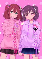 Rule 34 | 10s, 2girls, :o, baggy clothes, blush, bow, bowtie, green eyes, hair between eyes, hair ornament, hair ribbon, highres, holding hands, hood, hoodie, kazuno leah, kurosawa ruby, long sleeves, looking at viewer, love live!, love live! sunshine!!, multiple girls, nail polish, open mouth, pink background, pink bow, pink hoodie, pink theme, plaid, plaid skirt, pleated skirt, purple bow, purple eyes, purple hair, purple hoodie, red hair, ribbon, short hair, sidelocks, skirt, standing, star (symbol), tsurime, twintails, two side up, yellow bow, yuama (drop), yuri