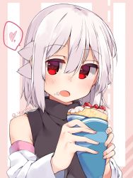 Rule 34 | 1girl, adyisu, altair floone, bare shoulders, black shirt, blush, commentary request, crepe, detached sleeves, fingernails, food, food on face, hair between eyes, heart, holding, holding food, long sleeves, looking at viewer, open mouth, original, red eyes, shirt, silver hair, solo, spoken heart, twitter username, upper body, white sleeves