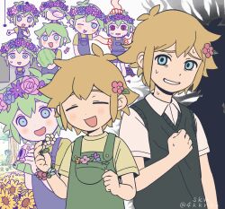 1boy 4kkrbk arm_behind_head arm_up barefoot basil_(faraway)_(omori) basil_(headspace)_(omori) basil_(omori) black_sweater_vest blonde_hair blue_eyes blue_flower blue_overalls blush bracelet bug camera closed_eyes clothes_grab collared_shirt double-parted_bangs flower flower_bracelet food fruit green_hair green_overalls hair_behind_ear hair_between_eyes hair_flower hair_ornament hand_on_another&#039;s_head head_wreath highres holding holding_camera holding_flower holding_food holding_fruit insect_on_face jewelry looking_at_viewer male_focus melon multiple_views nervous notice_lines omori one_eye_closed open_mouth outstretched_arm overalls pink_flower purple_flower red_eyes shirt short_sleeves silhouette small_pupils smile spider stranger_(omori) sunflower sweat sweatdrop sweater_vest tendril tree triangle_mouth twitter_username very_sweaty white_background white_flower white_shirt yellow_flower yellow_shirt