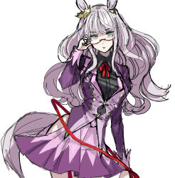 1girl adjusting_eyewear animal_ears bare_hips biwa_hayahide_(umamusume) black_shirt breasts closed_mouth collared_shirt crown frown grey_hair hand_up highres hip_vent horse_ears horse_girl horse_tail jacket long_hair long_sleeves medium_breasts mini_crown neck_ribbon purple_jacket purple_skirt red-framed_eyewear red_ribbon ribbon semi-rimless_eyewear shirt simple_background skirt solo tail umamusume under-rim_eyewear white_background yellow_eyes yoshioka_suke