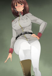 Rule 34 | &gt;:), 1girl, belt, blush, breast pocket, breasts, brown eyes, brown hair, closed mouth, from below, grey shirt, gundam, gundam lost war chronicles, hand on own hip, headset, highres, large breasts, leg up, long sleeves, looking at viewer, looking away, military, military uniform, mobile suit gundam, name john, noel anderson, nose blush, pantyhose, pocket, shirt, smile, solo, uniform, v-shaped eyebrows, walking, white pantyhose