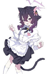 Rule 34 | 1girl, animal ears, apron, black footwear, black skirt, blue archive, blush, cat ears, cat tail, collared shirt, cropped, feet out of frame, frilled apron, frills, hair between eyes, halo, haruka (blue archive), highres, inchore, long sleeves, looking at viewer, medium hair, open mouth, purple eyes, purple hair, purple halo, shirt, shoes, skirt, solo, tail, thighhighs, white apron, white shirt, white thighhighs