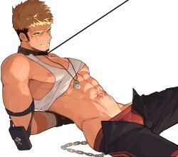 Rule 34 | 1boy, abs, arms behind back, ass peek, bara, blonde hair, bulge, chain, eloseu (haribochase), facial hair, feet out of frame, from side, goatee, groin, gyee, highres, large pectorals, leash, long sideburns, male focus, male underwear, mature male, muscular, muscular male, navel, nipples, open fly, original, pectoral cleavage, pectorals, red male underwear, romg, sanpaku, scar, scar across eye, short hair, sideburns, sidepec, stomach tattoo, tattoo, thick eyebrows, undercut, underwear