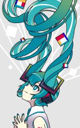 Rule 34 | 1girl, aqua eyes, aqua hair, bare shoulders, bright pupils, closed mouth, collared shirt, commentary, floating hair, from side, grey background, grey shirt, halftone, hatsune miku, headset, highres, light smile, long hair, looking up, machigami yoh, own hands together, shirt, sleeveless, sleeveless shirt, solo, steepled fingers, symbol-only commentary, twintails, upper body, very long hair, vocaloid, white pupils