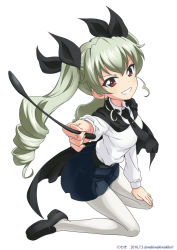 Rule 34 | 10s, 1girl, anchovy (girls und panzer), artist name, belt, black footwear, black skirt, cape, copyright notice, dated, dress shirt, drill hair, foreshortening, from side, full body, girls und panzer, green hair, grin, hair ribbon, hand on own thigh, highres, holding, kneeling, loafers, long hair, long sleeves, looking at viewer, miniskirt, necktie, neki (wakiko), pantyhose, pleated skirt, red eyes, ribbon, riding crop, school uniform, shirt, shoes, skirt, smile, solo, twin drills, twintails, twitter username, white background, white pantyhose, white shirt