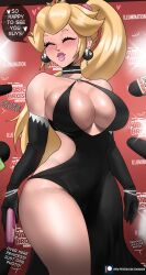 Rule 34 | 1girl, ^ ^, absurdres, bare shoulders, black choker, black dress, black gloves, blonde hair, blush, bracelet, breasts, chain chomp, choker, cleavage, closed eyes, crown, dress, earrings, echo saber, elbow gloves, english text, gloves, heart, highres, jewelry, large breasts, lips, long hair, mario (series), microphone, nintendo, pearl bracelet, ponytail, princess peach, revealing clothes, sideboob, solo, the super mario bros. movie