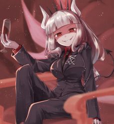 Rule 34 | 1girl, apron, black necktie, black pants, blunt bangs, blush, breasts, chair, commentary request, cup, cupping glass, demon girl, demon horns, demon tail, drinking glass, gloves, helltaker, holding, horns, large breasts, long hair, looking at viewer, lucifer (helltaker), mole, mole under eye, necktie, nenosame, pants, red eyes, red shirt, shaded face, shirt, sitting, smile, solo, tail, white gloves, white hair, white horns, wine glass