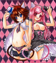 Rule 34 | 1boy, 1girl, :d, animal ears, arm garter, bad id, blue eyes, blush, breasts, breasts out, brown hair, cat ears, cat tail, character request, checkered background, clothes pull, copyright request, crossdressing, dress, fang, flapper shirt, hand up, hat, hat tip, heart, heart tail duo, hetero, holding hands, long hair, marker (medium), mini hat, navel, necktie, nipples, open clothes, open dress, open mouth, panties, pink eyes, pink hair, shirt, shorts, shorts pull, smile, tail, traditional media, trap, underwear, wind, wind lift, yuto cafe